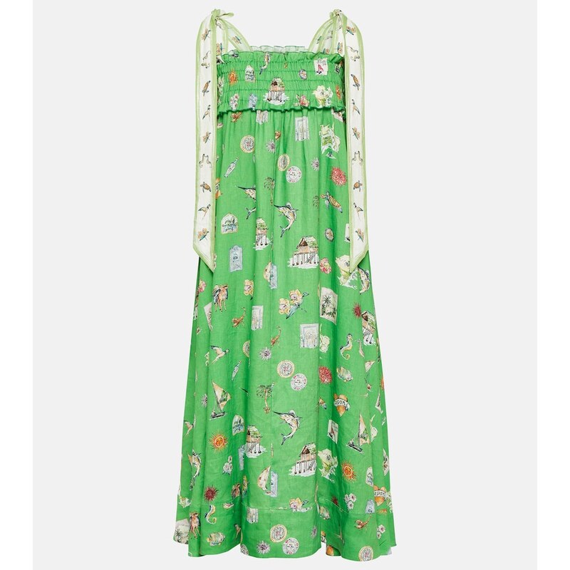 Alémais Shirred printed linen midi dress
