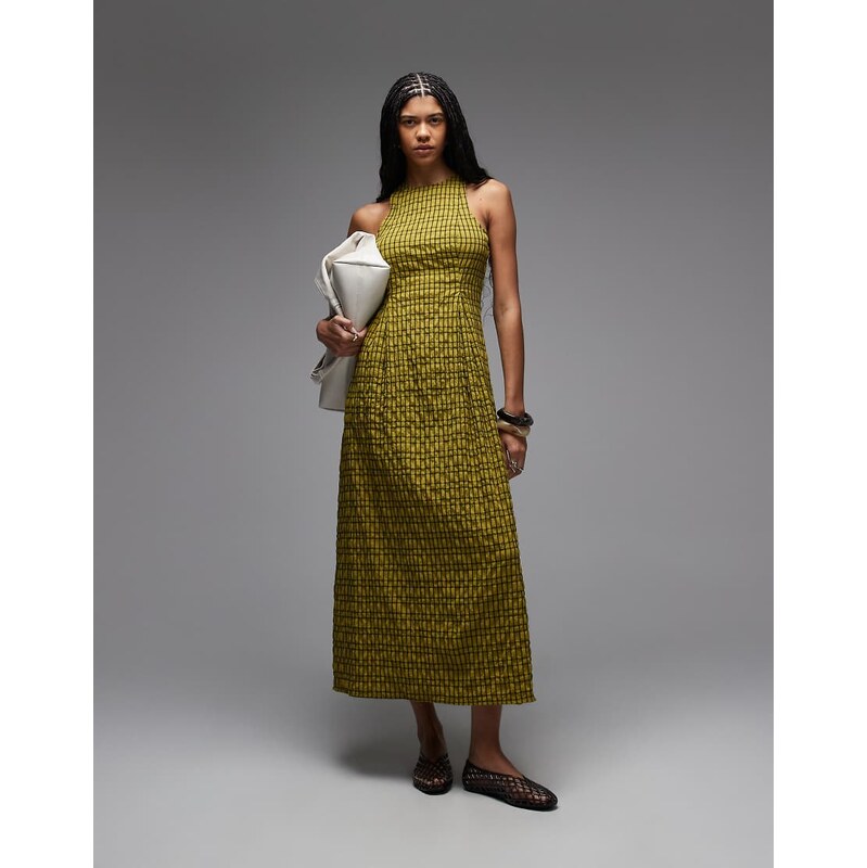 COLLUSION fitted high neck midi dress in green check 113277253