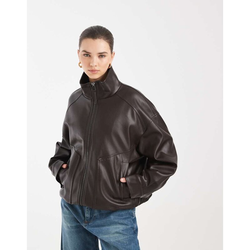 ASOS DESIGN oversized leather look funnel bomber jacket in chocolate 115516435