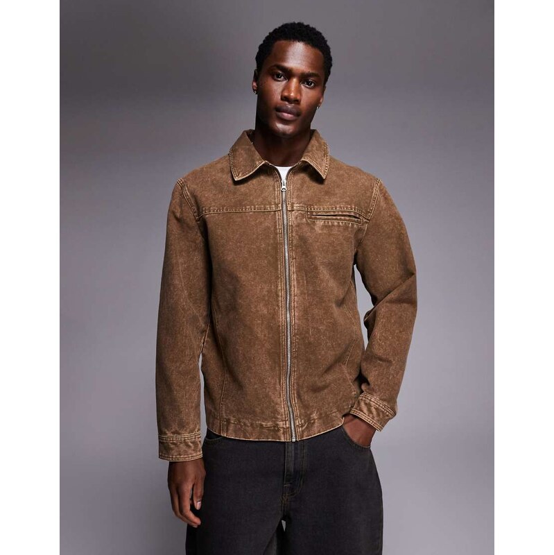 ASOS DESIGN washed harrington jacket in brown