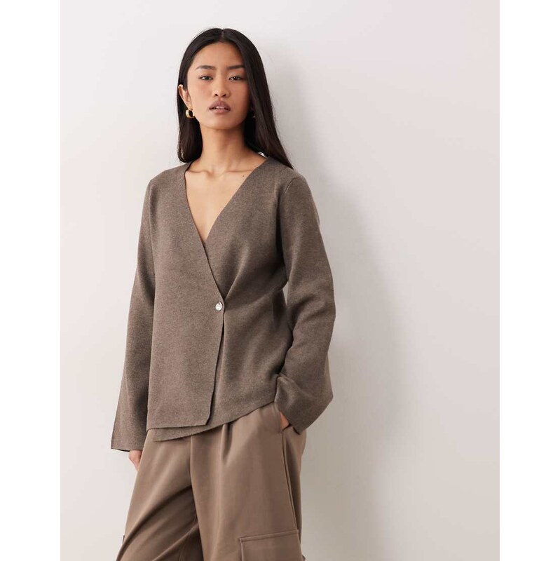 JDY button detail structured cardigan in brown 113271780