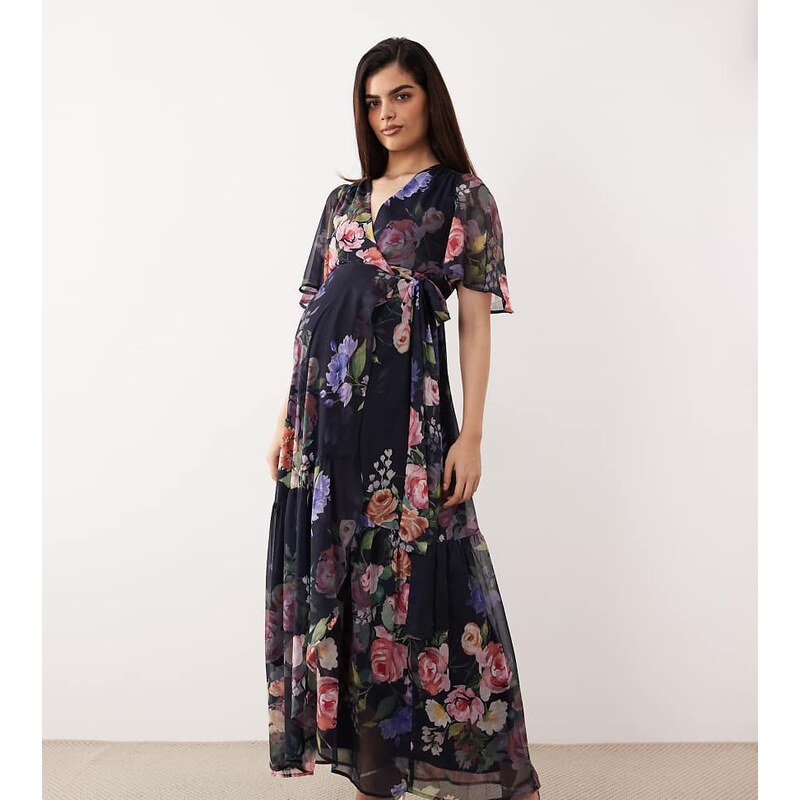 Hope & Ivy Maternity flutter sleeve maxi wrap dress with tie