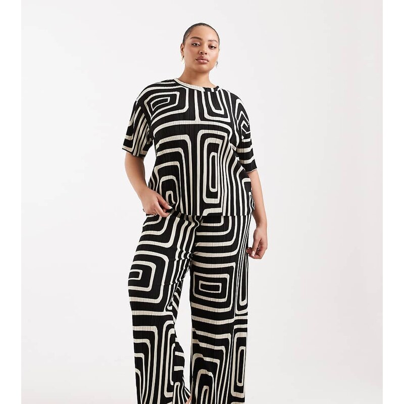 ONLY Curve plisse wide leg trousers co-ord in black abstract