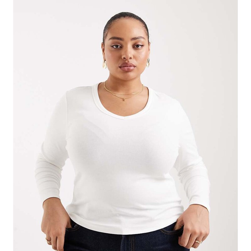 ONLY Curve v-neck long sleeve top in white
