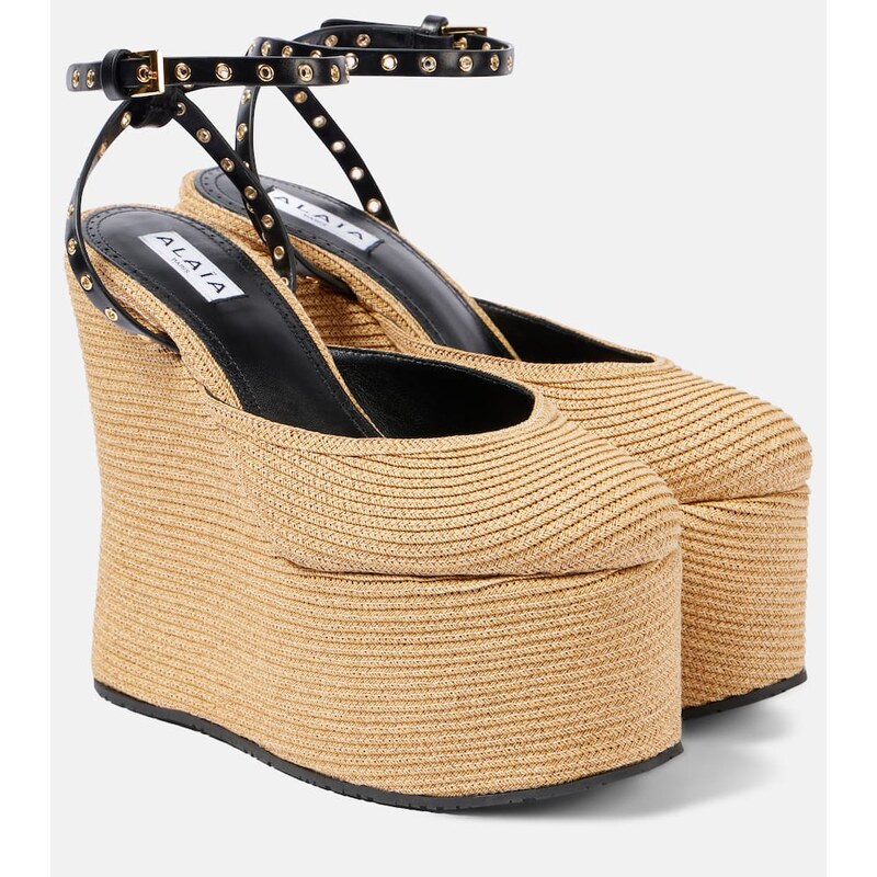 Alaia AlaÃ¯a LA leather-trimmed paper straw wedges