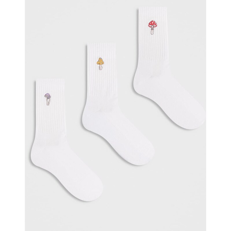 ASOS DESIGN 3 pack socks with mushroom embroidery in white