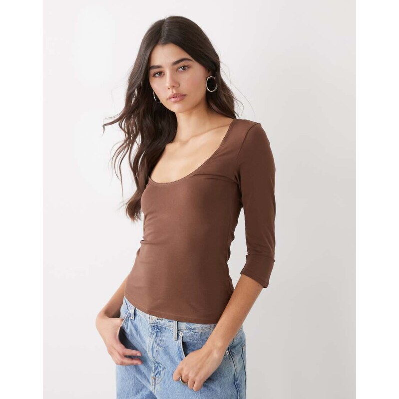 Monki cropped sleeve top in chocolate brown