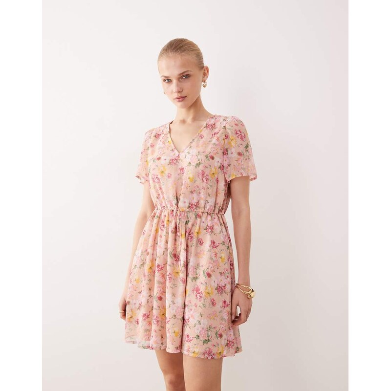Vila waist detail short sleeve mini dress in soft floral-Pink