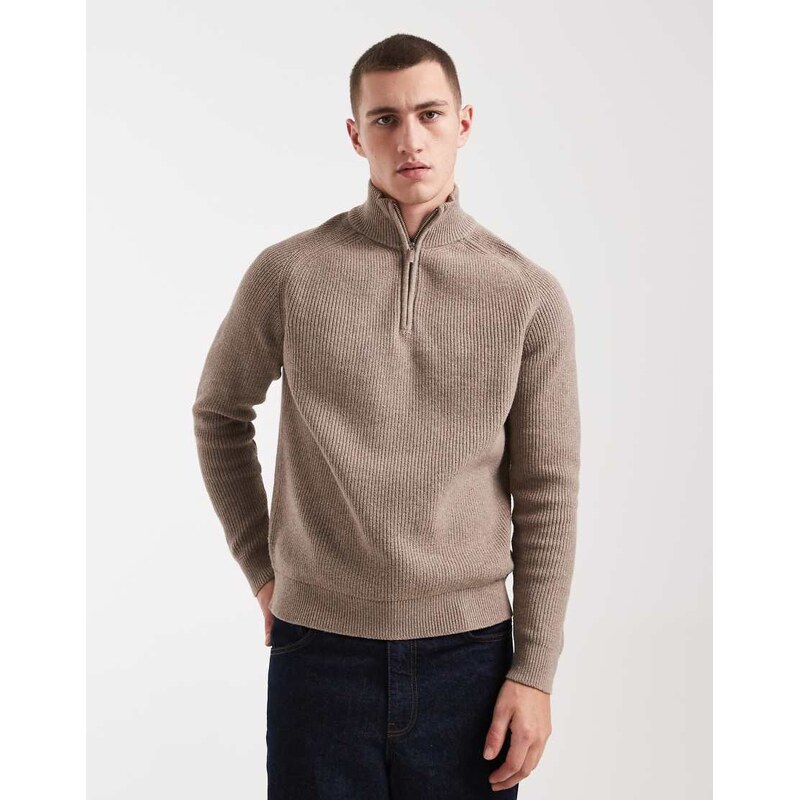 Threadbare cotton blend ribbed 1/4 zip jumper in taupe-Neutral