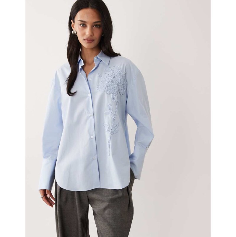 Mango cotton mix classic shirt with embroidery in pale blue 113271898
