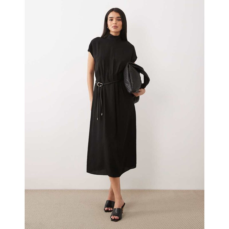 Mango high neck sleeveless belted midi dress in black