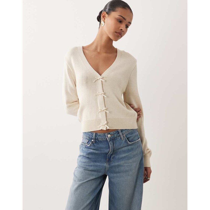 Mango v neck jumper with bow detail in cream-Neutral 113271897