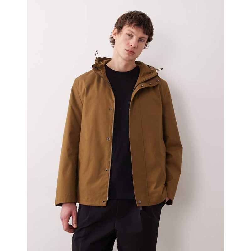 Mango cotton rich zip through hooded parka jacket in tan-Brown