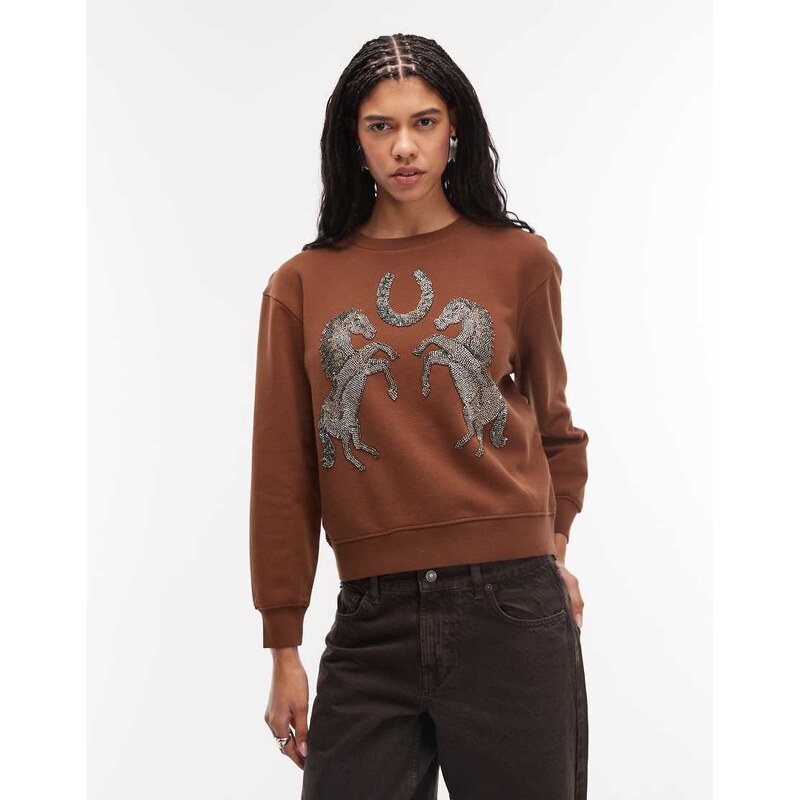 AllSaints Luck pippa knitted embellished sweatshirt in red brown 113271906