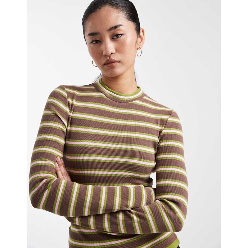ASOS DESIGN double layer long sleeve top in blue and chocolate