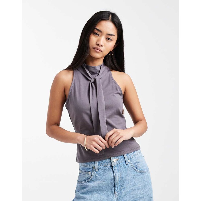 ASOS DESIGN halter top with tie detail in chocolate-Brown