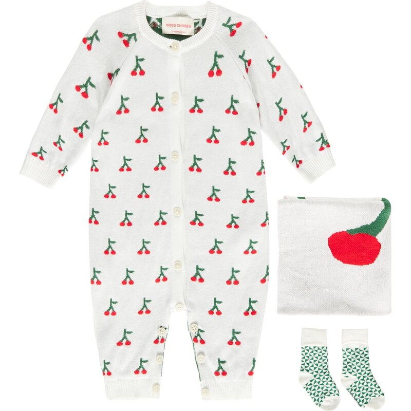 Bobo Choses Baby Cherry onesie, socks, and blanket set