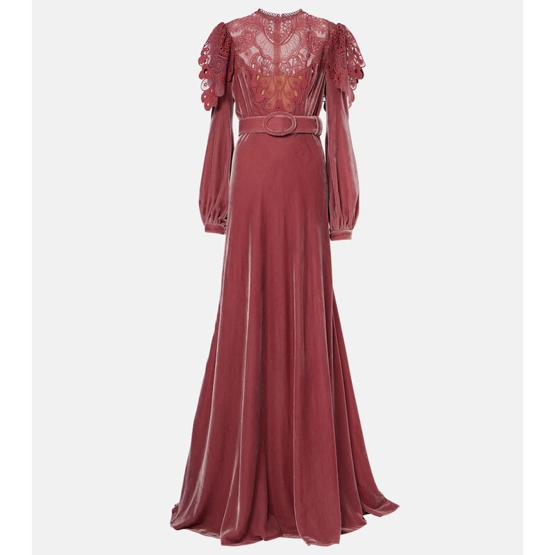 Costarellos Ashley lace-trimmed velvet gown