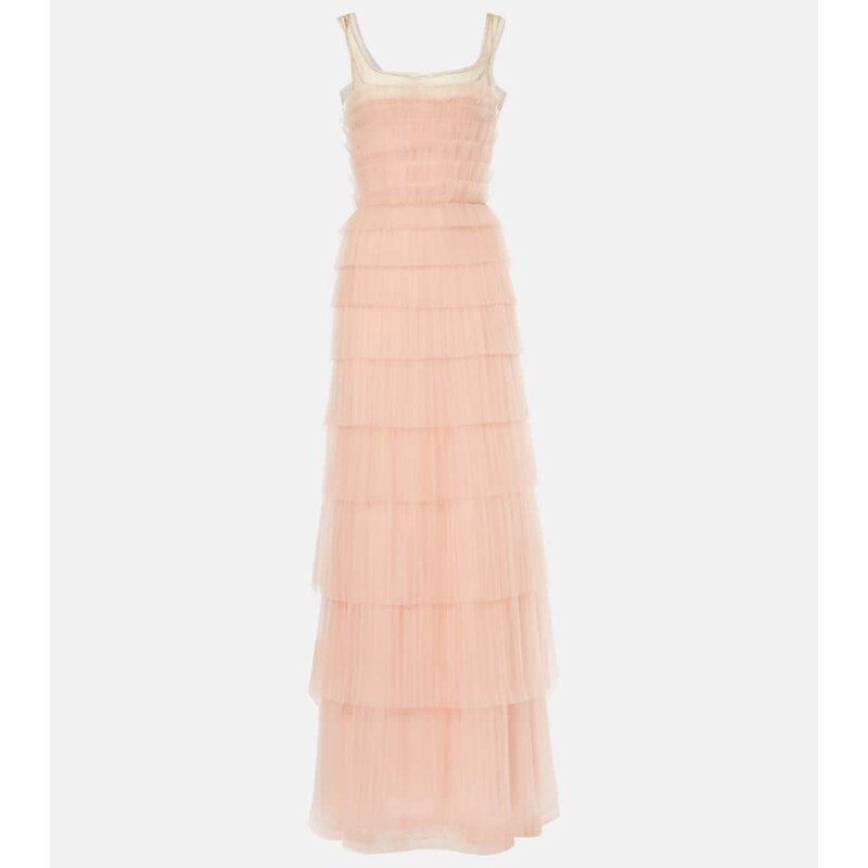 Costarellos Kali embellished plissÃ tiered gown