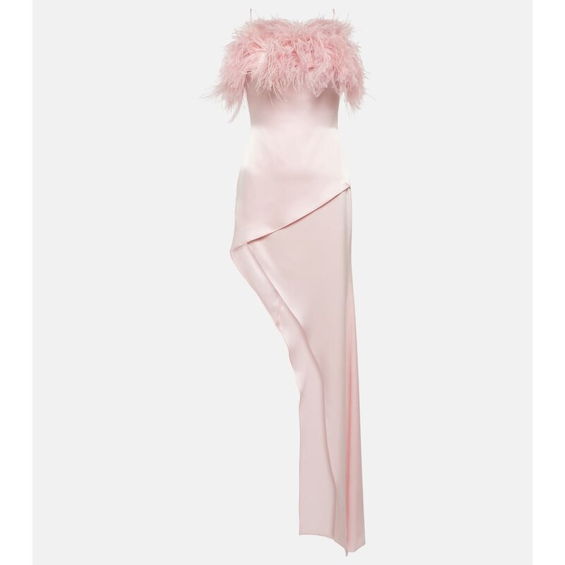 David Koma Feather-trimmed satin midi dress
