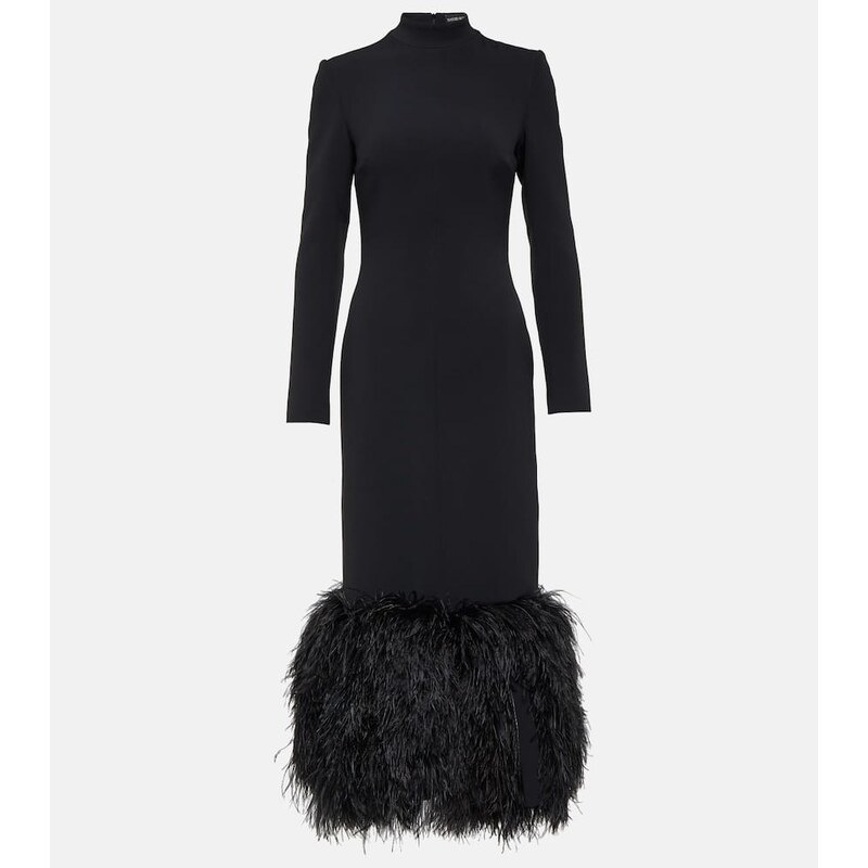 David Koma Feather-trimmed cady midi dress