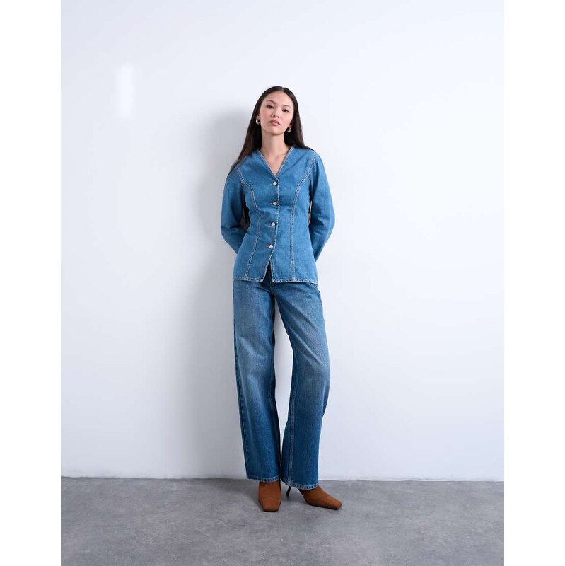 Topshop denim v neck cinched in shirt in mid blue
