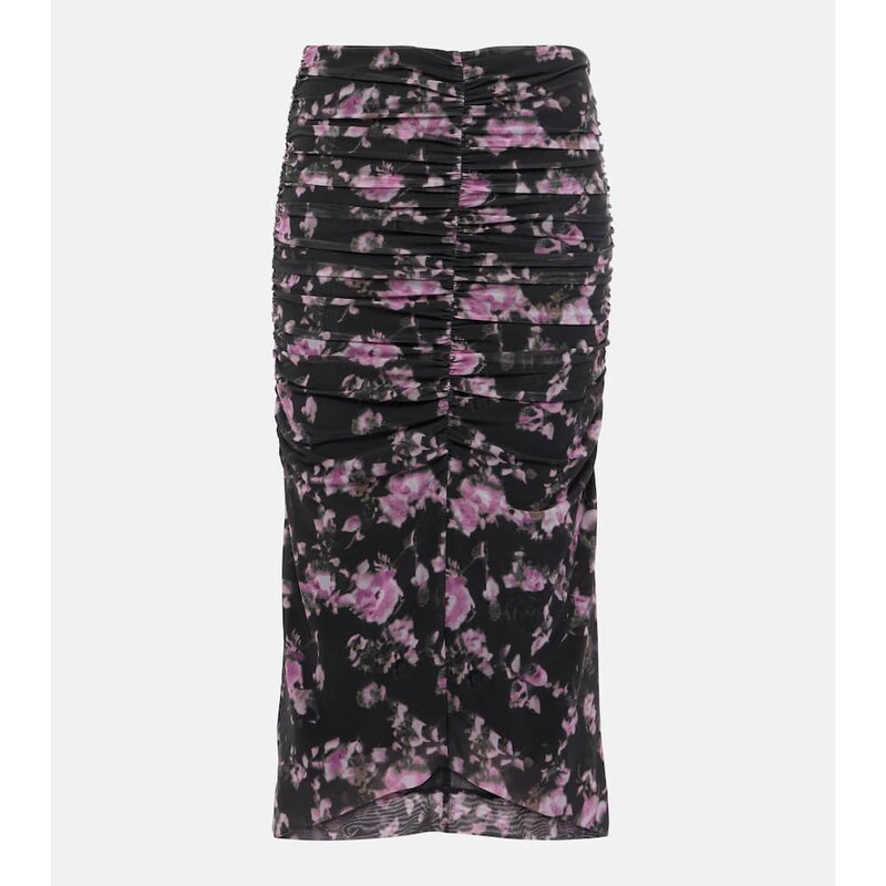 Ganni Floral ruched mesh midi skirt