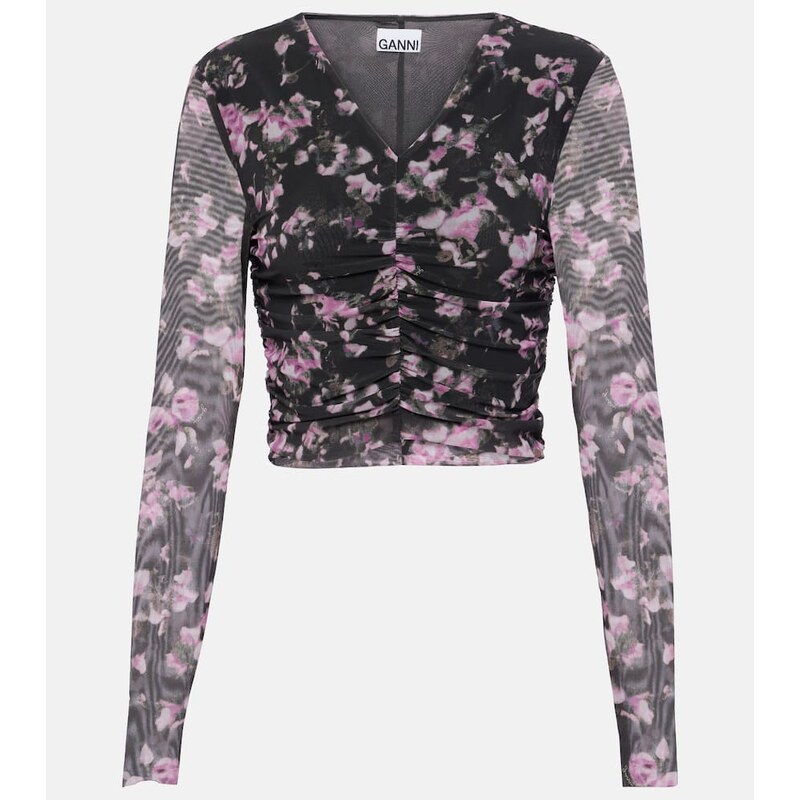 Ganni Ruched floral mesh crop top