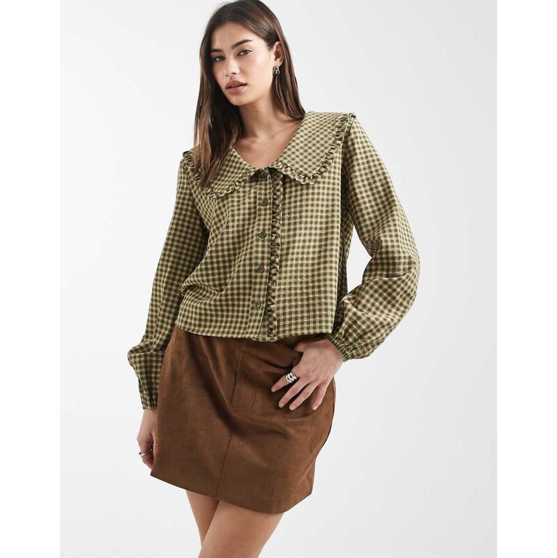 Daisy Street oversized collar shirt in khaki brown check