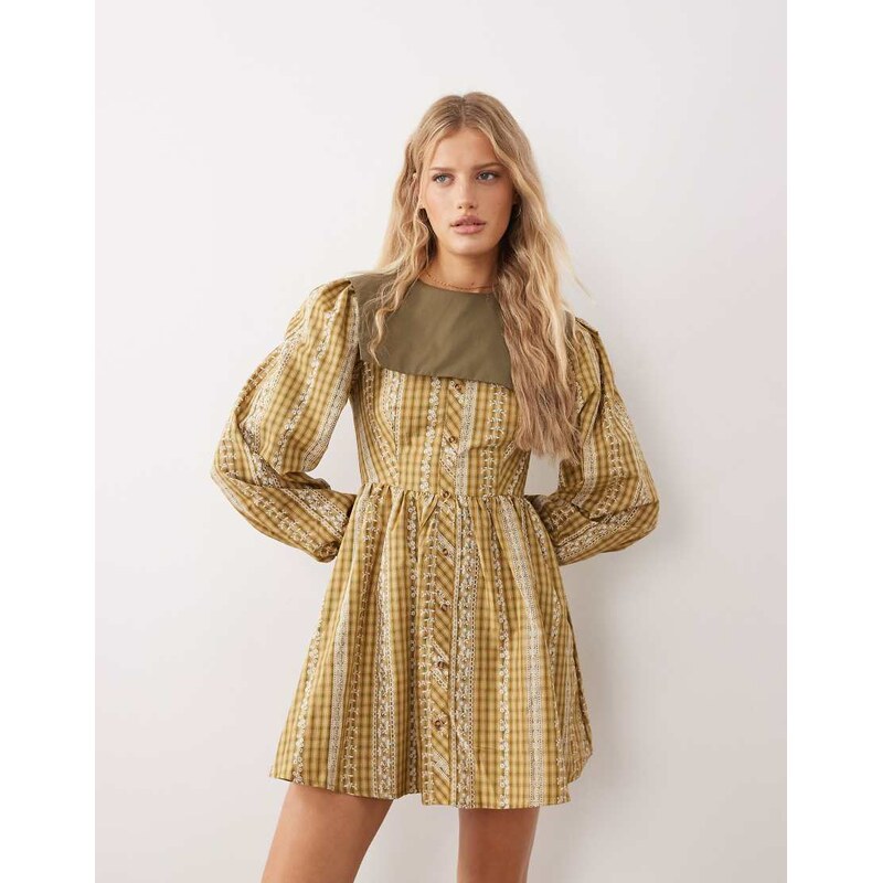 Glamorous square collar mini babydoll dress in yellow check