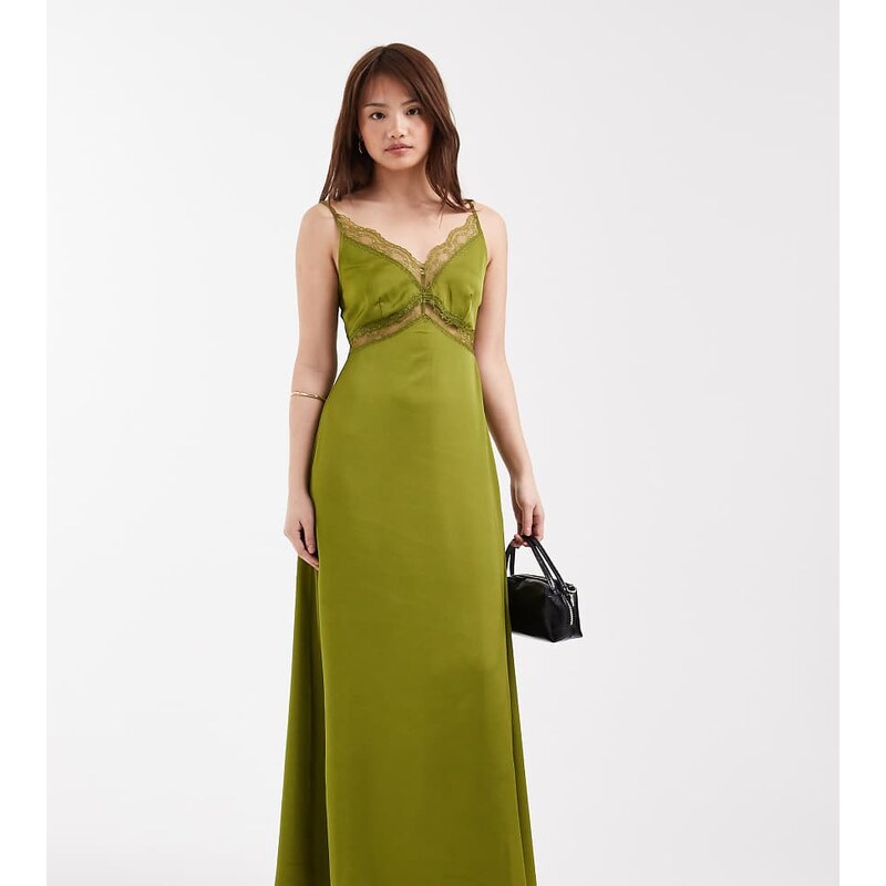 ONLY Petite satin feel maxi dress with lace detail in olive