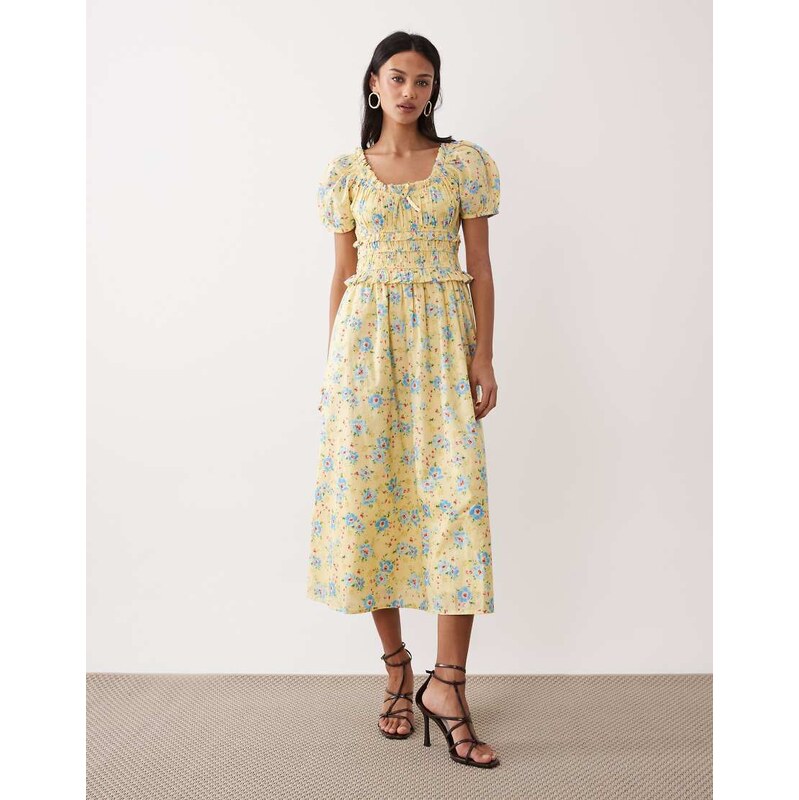 Nobodys Child Ariel milkmaid midi dress in lemon floral print-Yellow 113545673