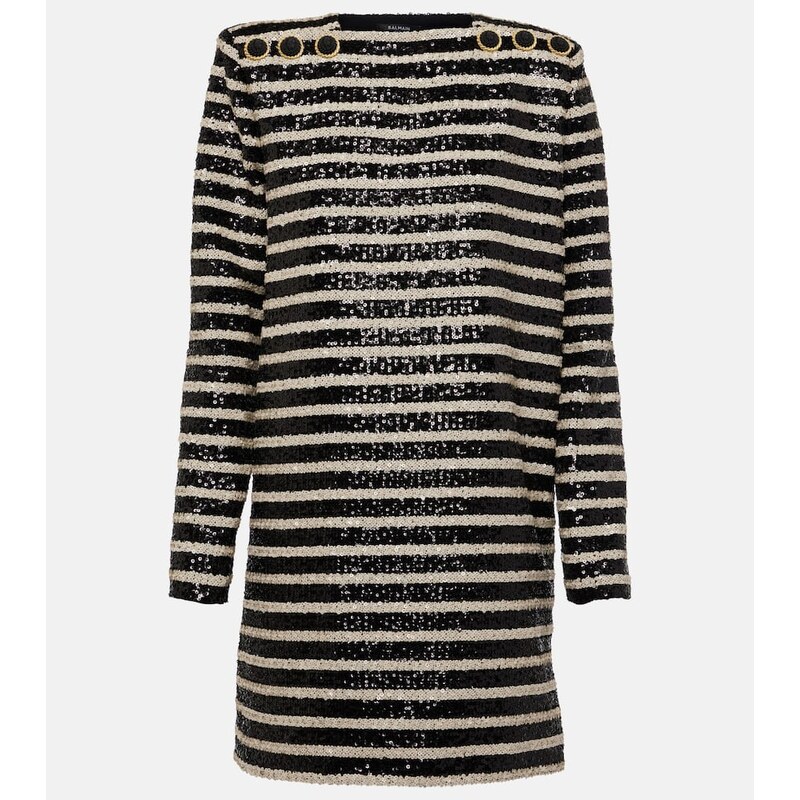 Balmain Sequined Striped Minidress v barvě černá/bílá