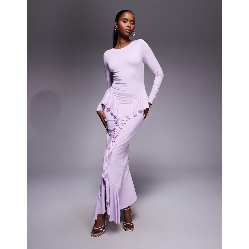Ruched & Ready sculpting long sleeve ruffle drape detail maxi