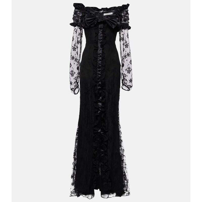 Alessandra Rich Bow-detail ruffled off-shoulder lace gown