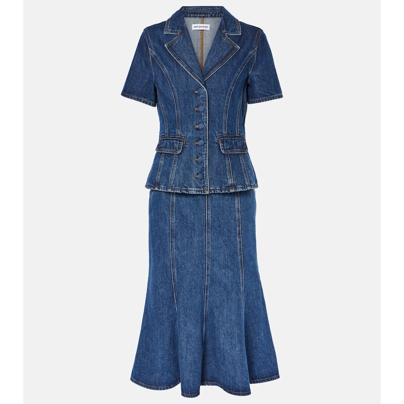 Self-Portrait Flared denim midi dress