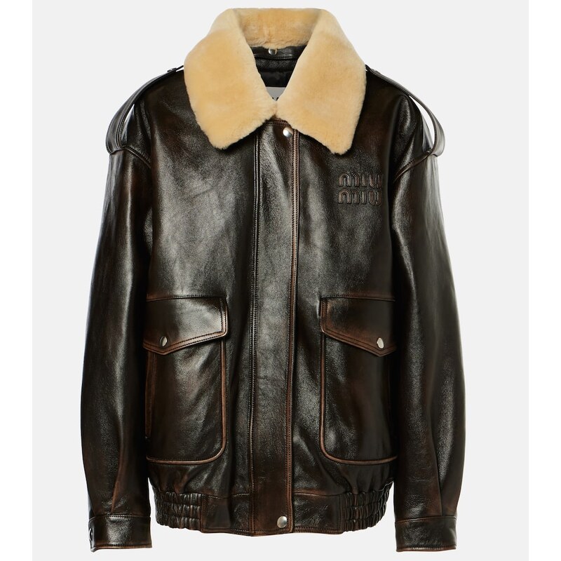 Miu Miu Logo faux shearling-trimmed leather jacket