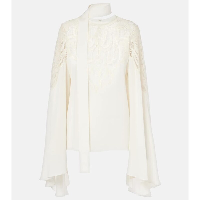 Elie Saab Lace-trimmed tie-neck georgette blouse