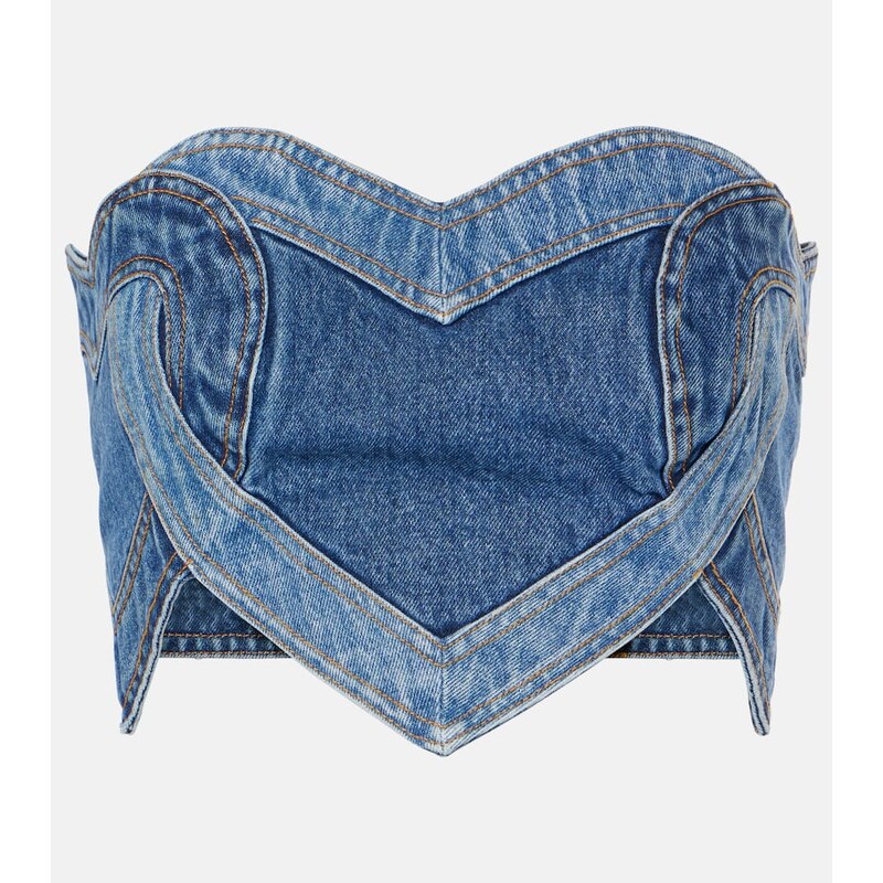 Strapless denim top v modré a kremové barvě