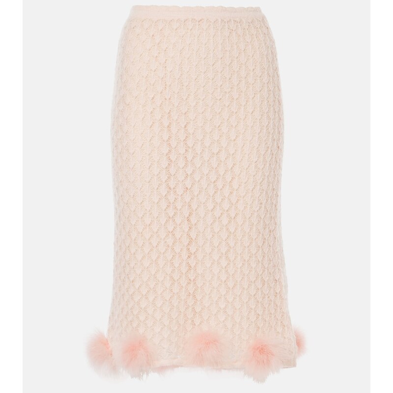 Blumarine Feather-trimmed mohair and wool-blend midi skirt