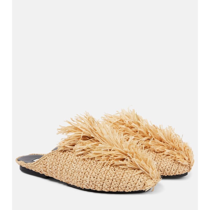 Dámské pantofle Jil Sander Fringed raffia mules ve světlém odstínu