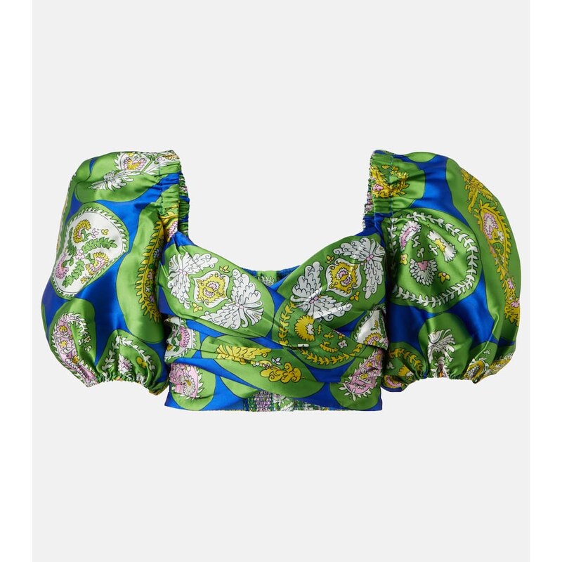 Alémais Printed balloon-sleeve cropped top