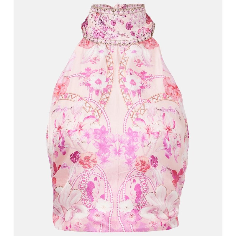 Camilla Floral embellished silk halterneck top