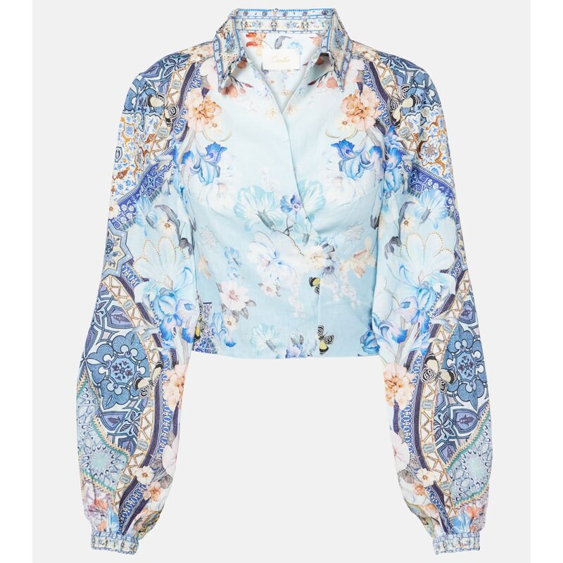 Camilla Floral cropped linen wrap top