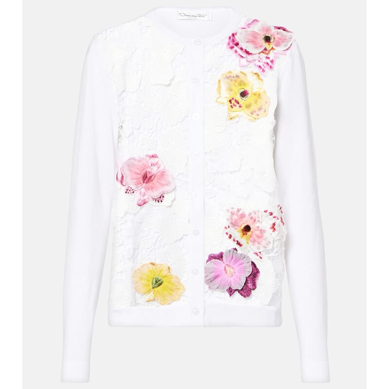 Oscar de la Renta Floral-appliquÃ cotton-blend cardigan