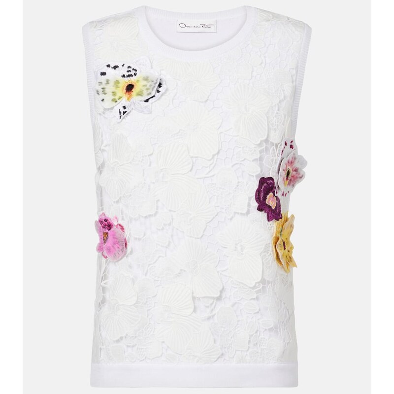 Oscar de la Renta Lace-trimmed floral-appliquÃ cotton-blend top
