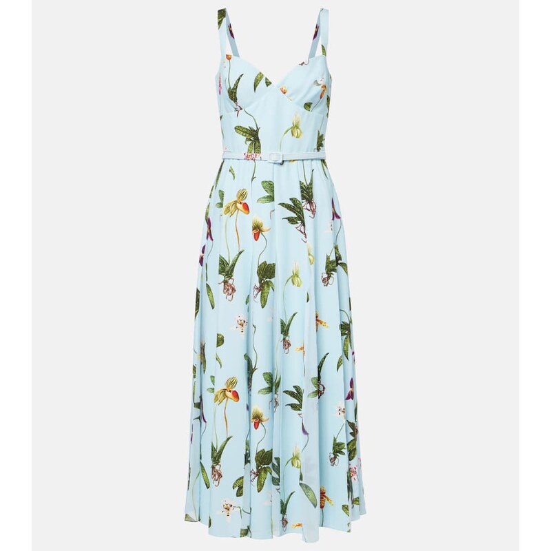 Oscar de la Renta Floral belted cady midi dress