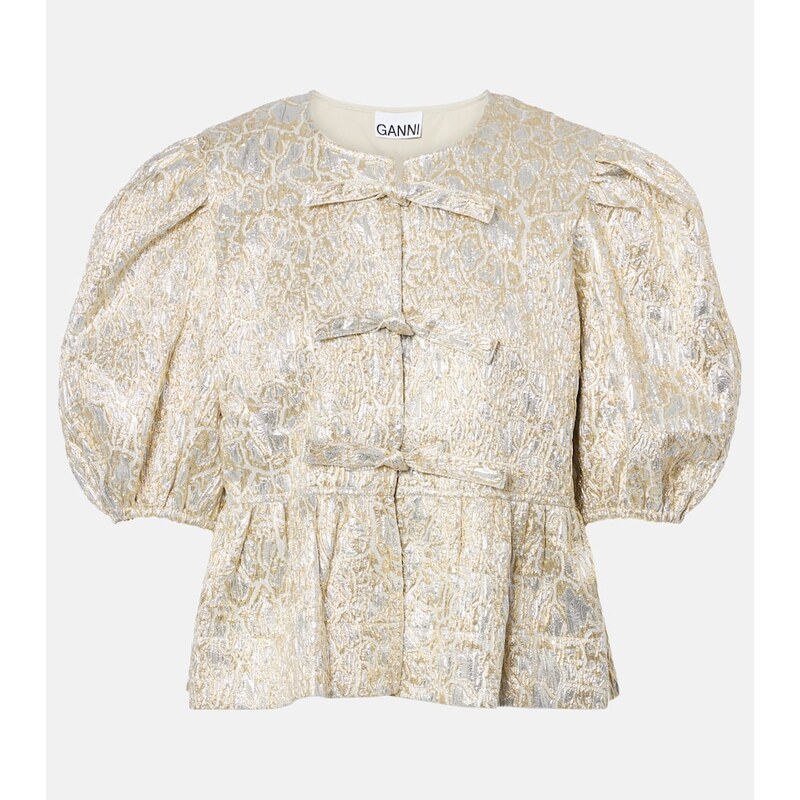 Ganni Puff-sleeve brocade top