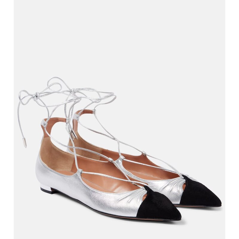 Aquazzura Gabi suede-trimmed metallic leather flats