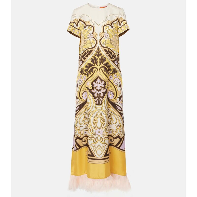 La DoubleJ Printed feather-trimmed silk maxi dress